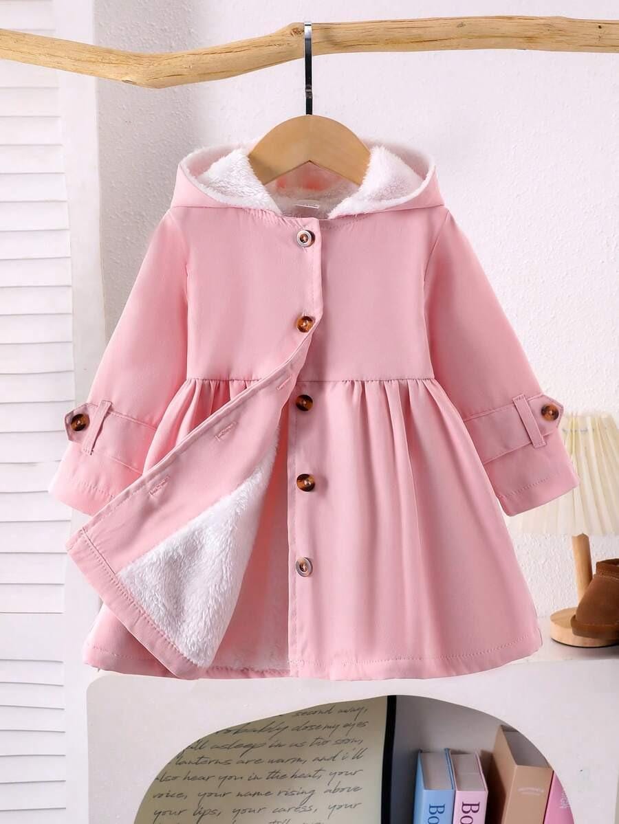 Baby Girls Hooded Winter Jacket, Coffee Plush Lined Coat with Button & Pockets