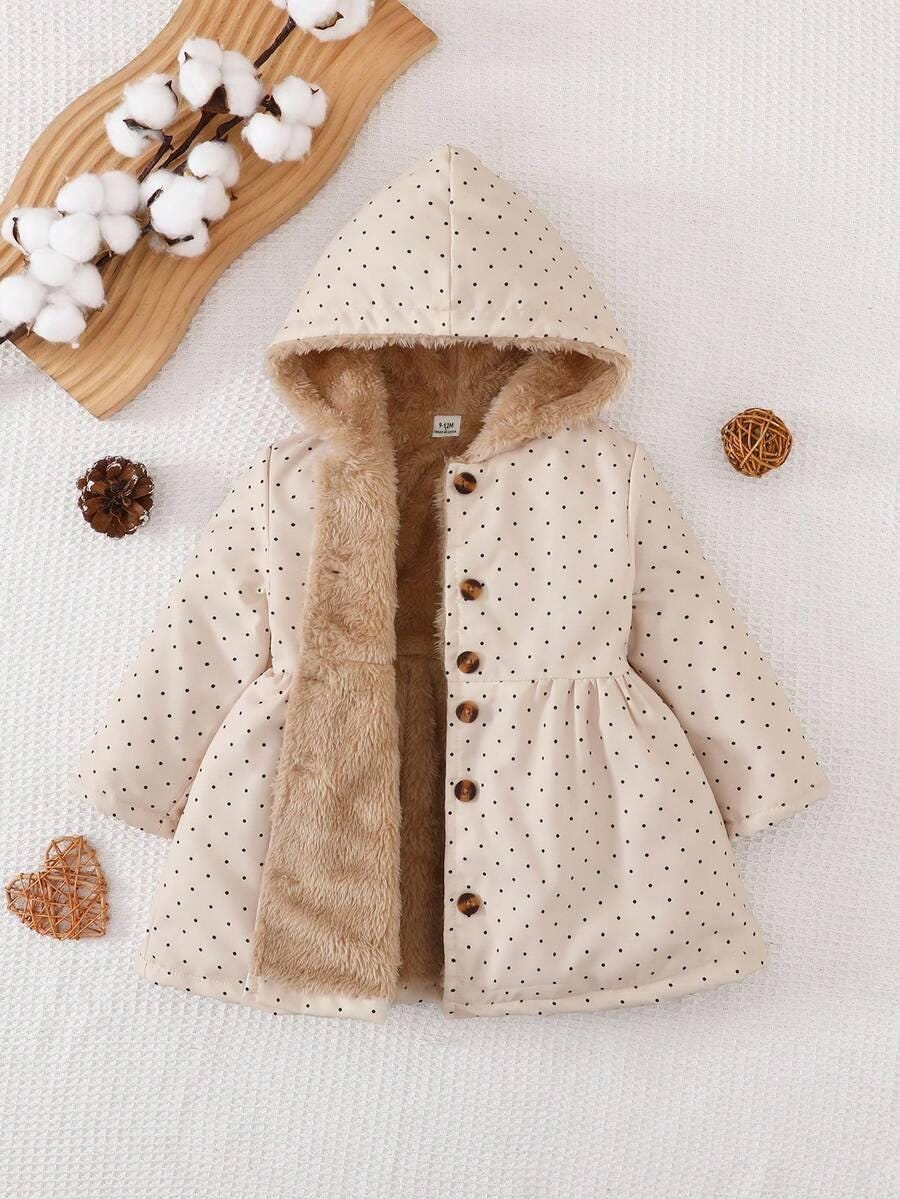 Baby Girls Hooded Winter Jacket, Coffee Plush Lined Coat with Button & Pockets