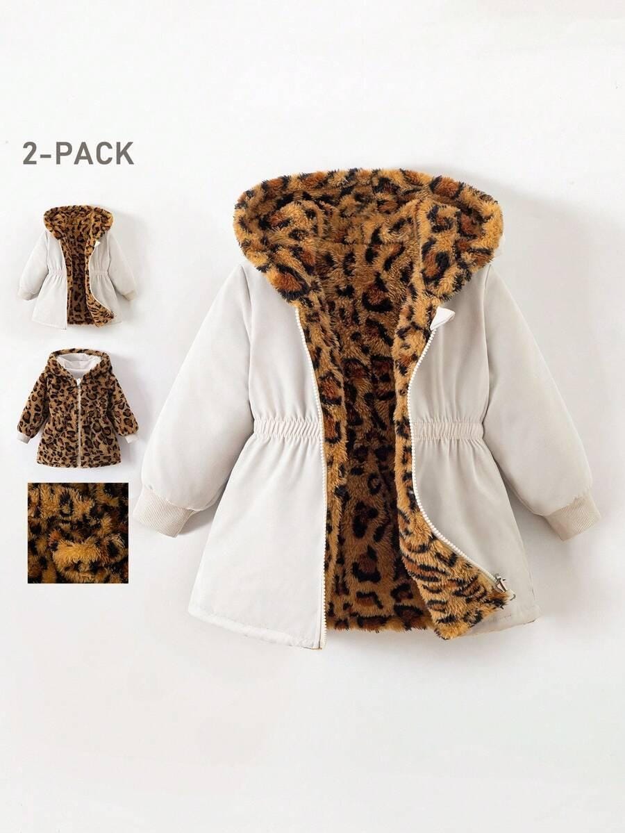 Baby Girls Reversible Faux Fur Jacket, Double-Sided Hooded Leopard & Solid Black Coat