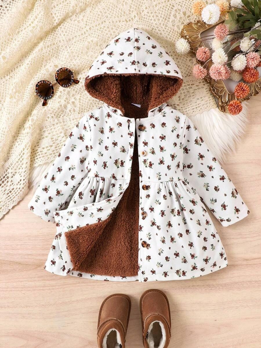 Baby Girls Hooded Winter Jacket, Coffee Plush Lined Coat with Button & Pockets