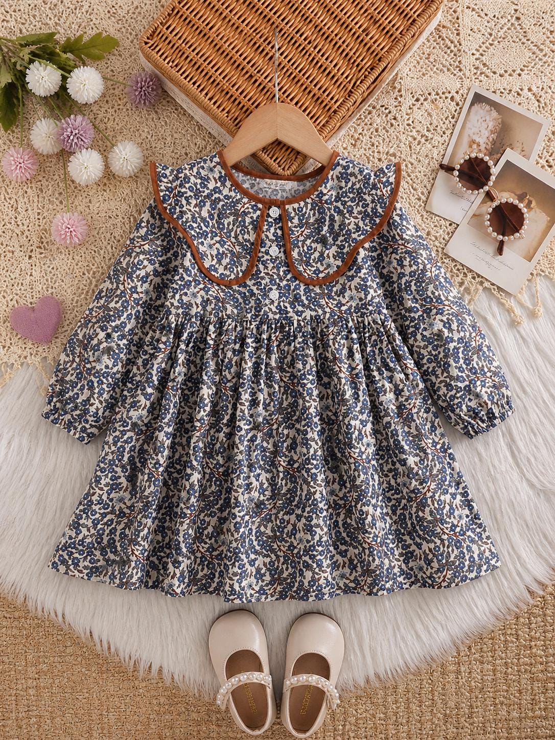Girls Flower Print Dress with Peter Pan Collar – Long Sleeve A-Line Autumn Dress