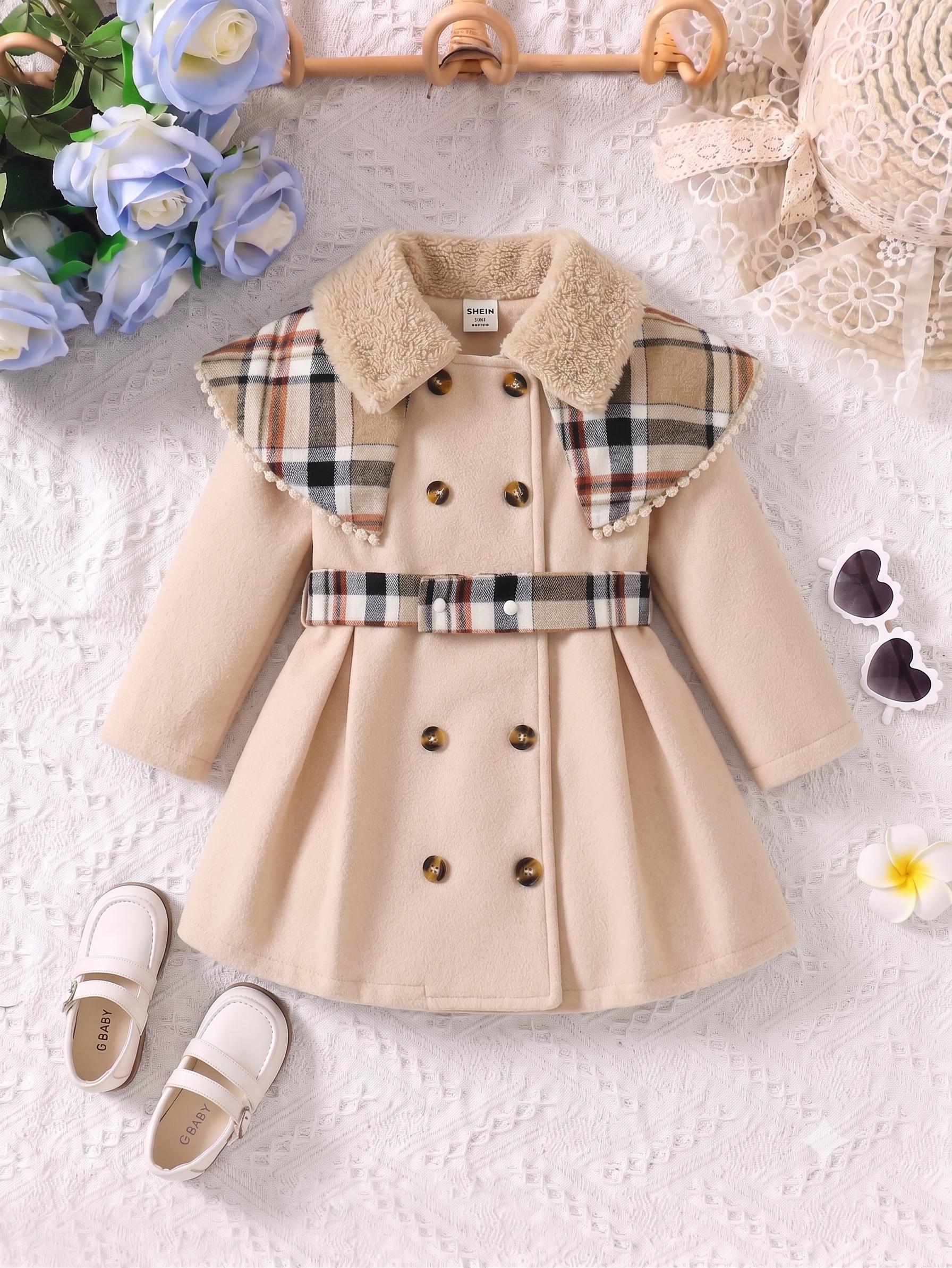 Girls Double-Breasted Plaid Ruffle Fuzzy Collar Dress with Belt - Autumn Winter Outerwear