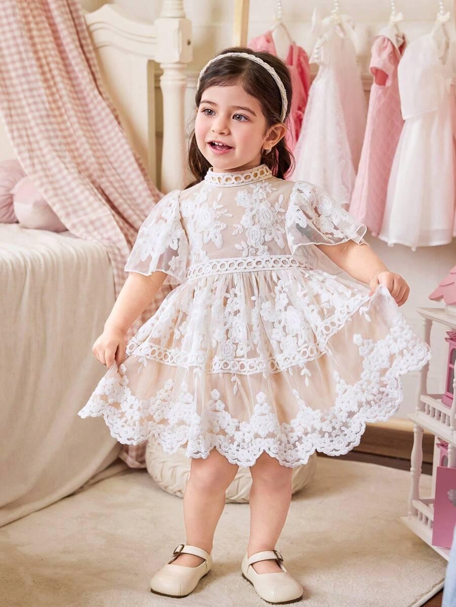 Baby Girl Elegant Lace Ruffled Collar Puff Sleeve Dress A Line High Waist Long Dress