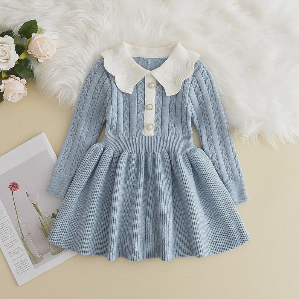 Girls Knitted Sweater Dress – Long Sleeve A-Line Mini Dress with Turn-Down Collar