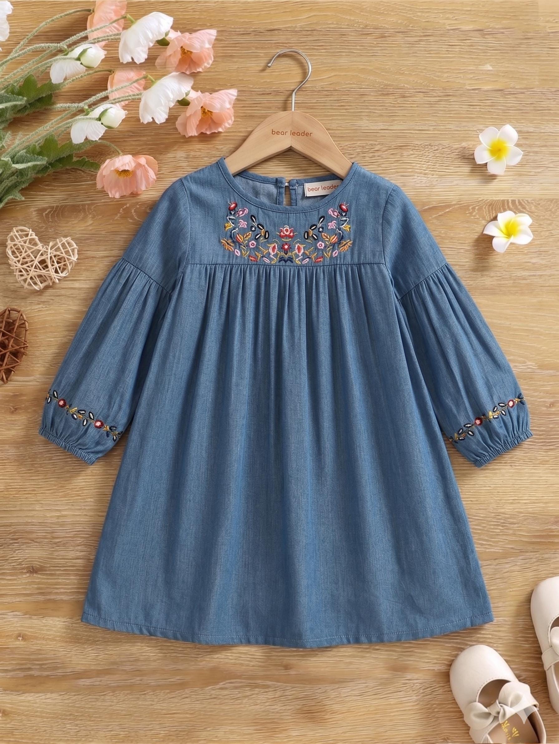 Girls Blue Floral Embroidery Dress – Long Sleeve Korean Style Knee Length Dress