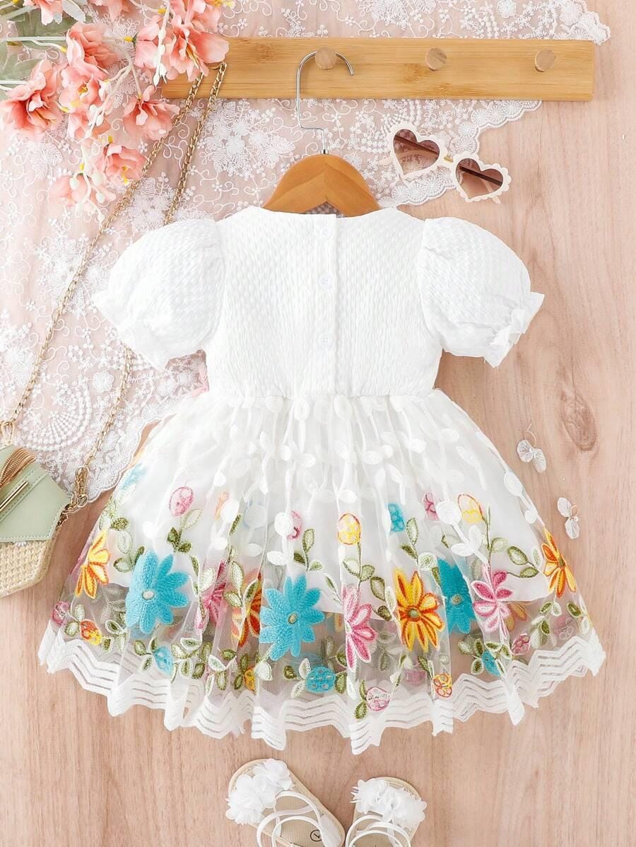 Baby Girl Floral Embroidery Mesh Dress | Puff Sleeve Toddler Party Dress