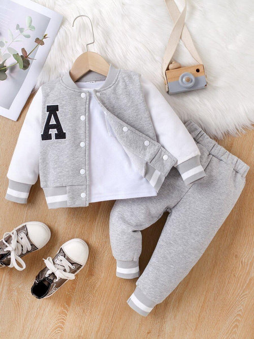 Baby Boy Letter Patch Thermal Bomber Jacket & Sweatpants Set, Casual Spring Fall Boys Tracksuit