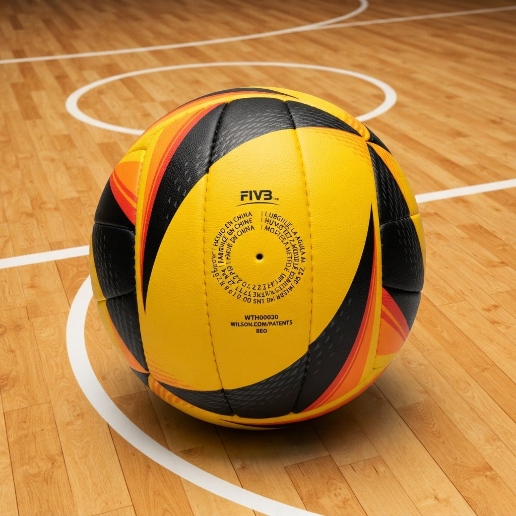 A yellow, black, and orange soccer ball with FIVB branding rests on a wooden indoor court with white boundary lines.