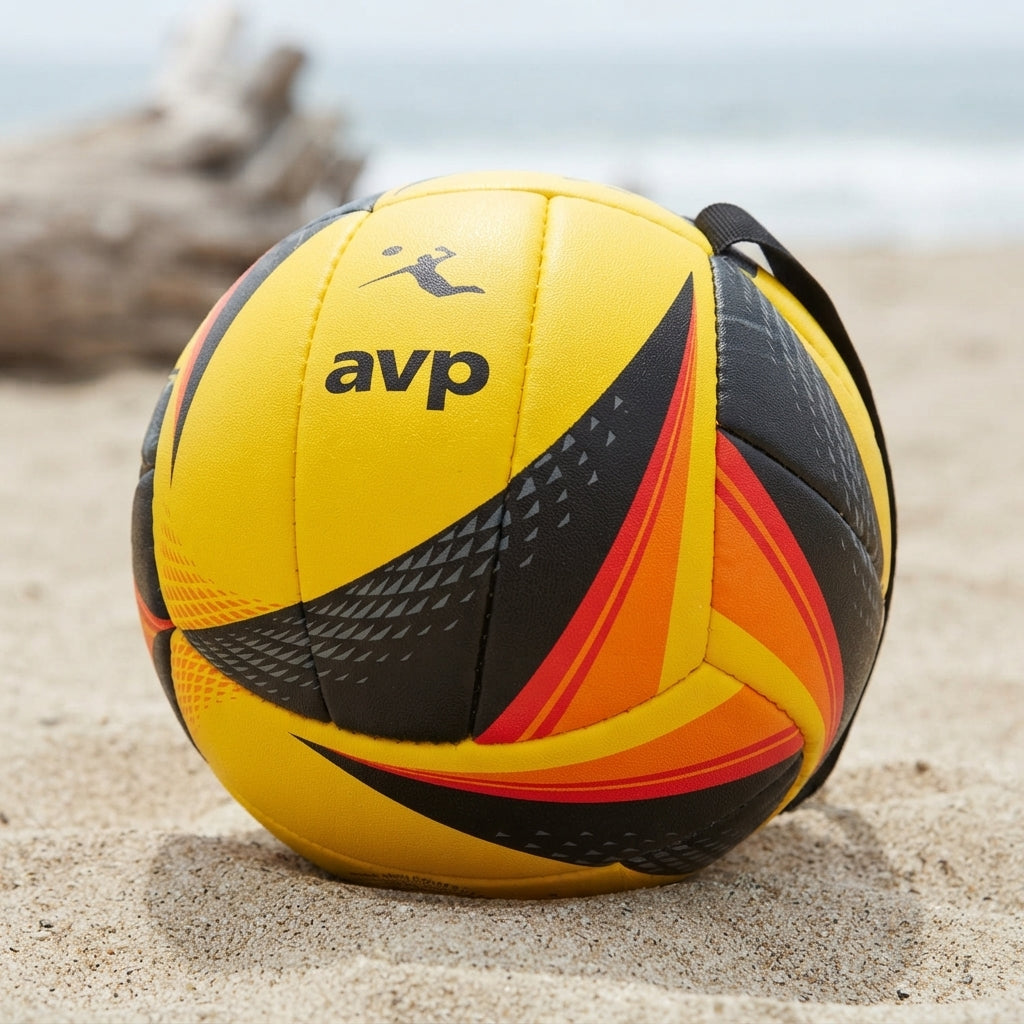 A yellow, black, and orange beach volleyball resting on sand with a blurred ocean and driftwood background.