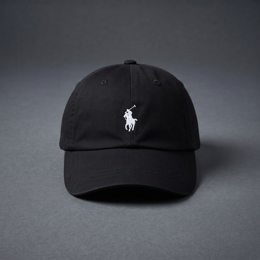 Ralph Lauren black cap, Ralph Lauren baseball cap, Polo black baseball hat, black cotton chino cap, Polo logo cap, adjustable baseball cap