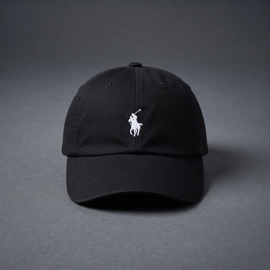Ralph Lauren black cap, Ralph Lauren baseball cap, Polo black baseball hat, black cotton chino cap, Polo logo cap, adjustable baseball cap