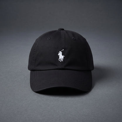 Ralph Lauren black cap, Ralph Lauren baseball cap, Polo black baseball hat, black cotton chino cap, Polo logo cap, adjustable baseball cap