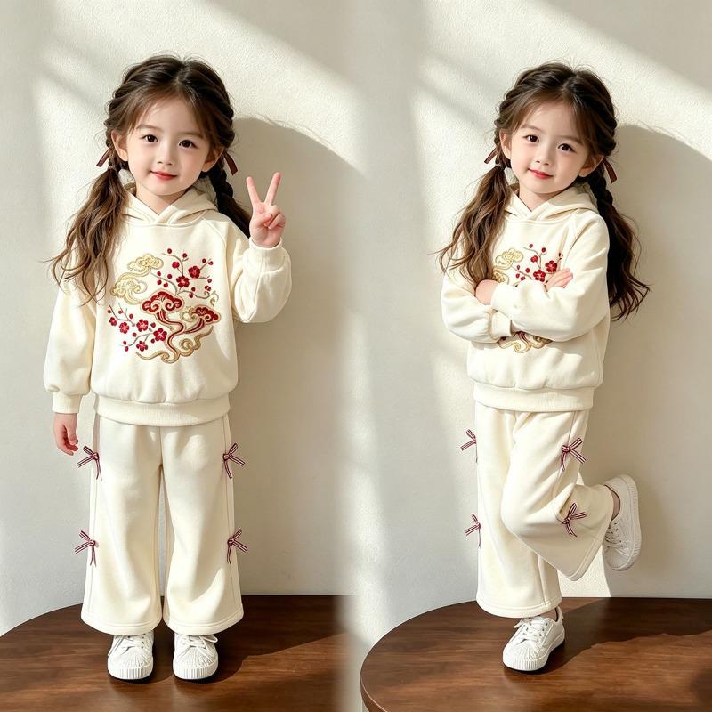Autumn Girls Embroidered Sweatshirt & Wide Leg Pants 2Pcs Set, Kids Casual Outfit