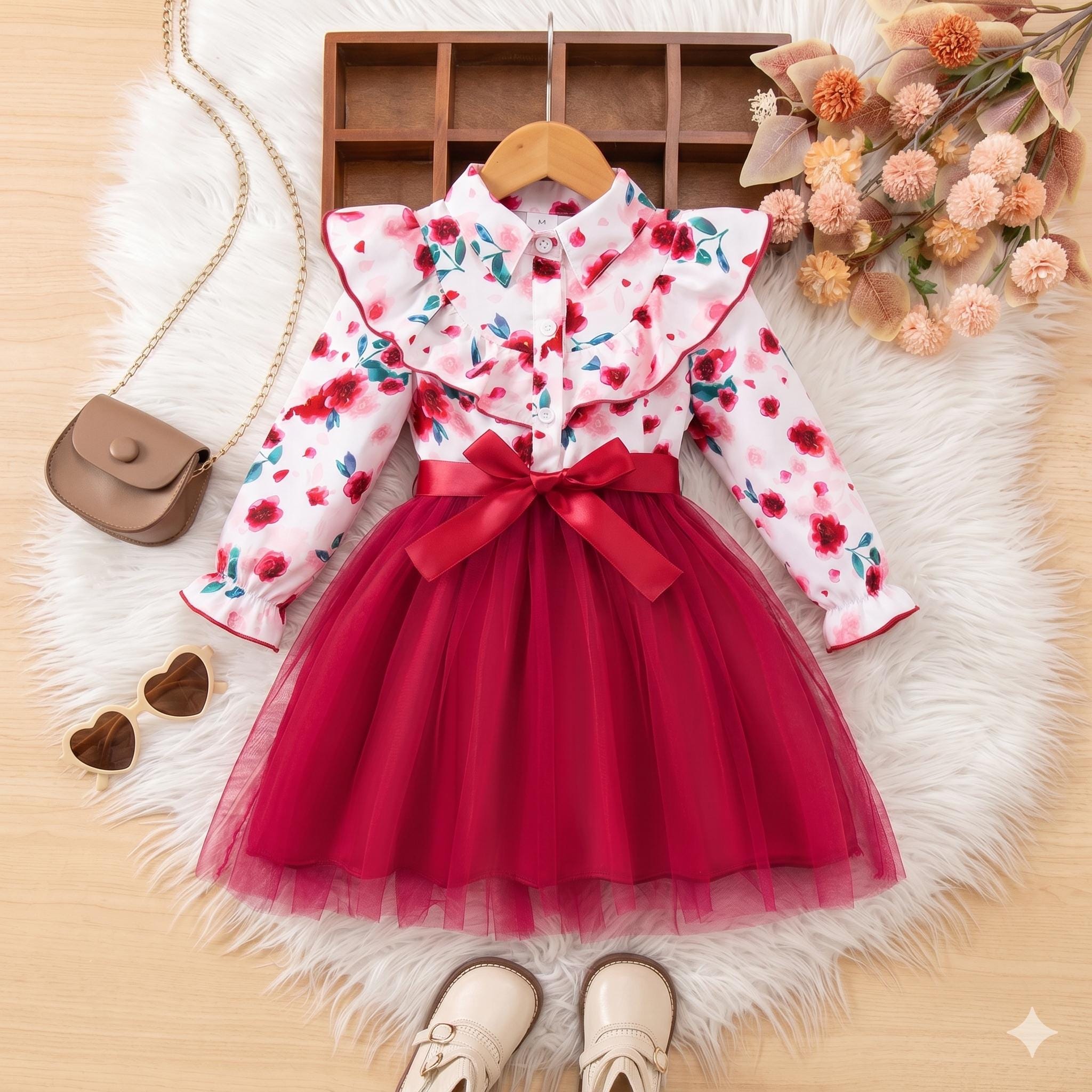 Girls Floral Mesh Ruffle Belted Dress – Long Sleeve Button Up Fall Winter Dress
