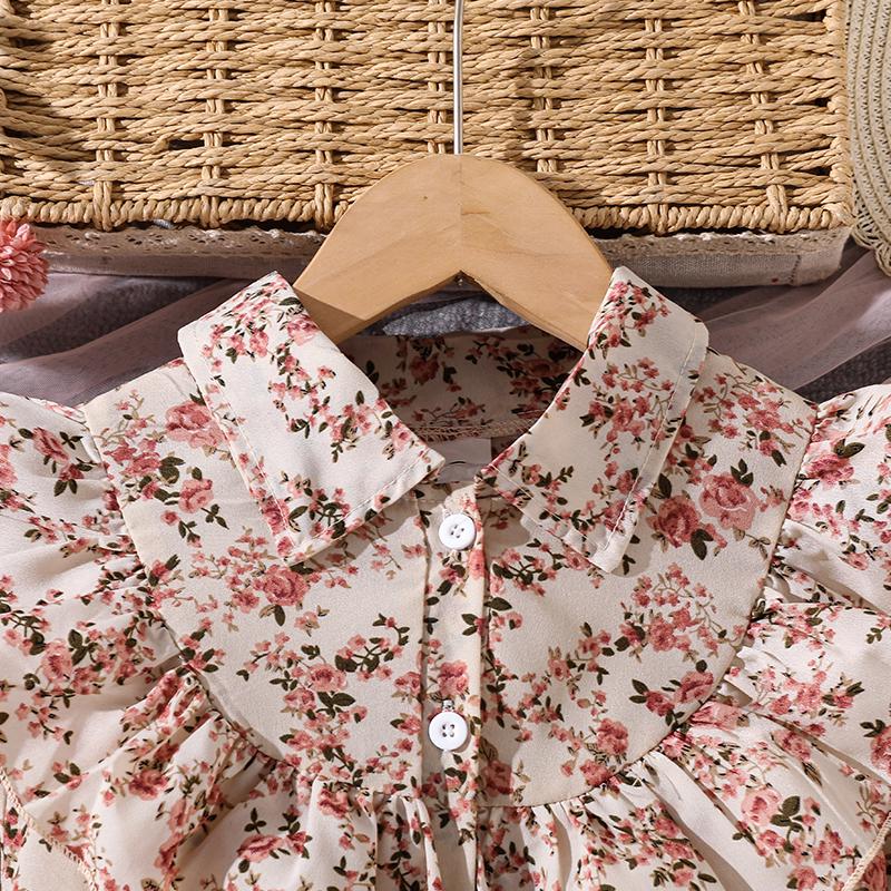 Girls Floral Print Peasant Dress – Pink Mesh Hem Long Sleeve Spring Dress