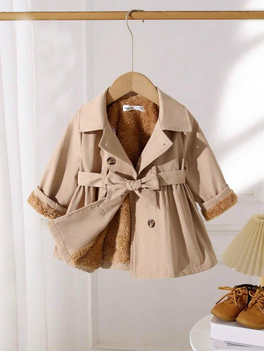 Baby Girl Long Coat | Thermal Lined Double-Breasted Lapel Coat