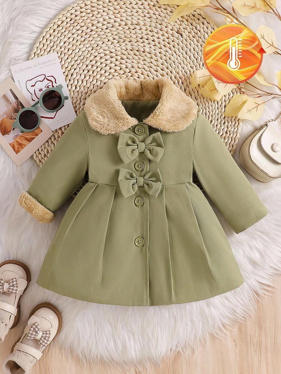 Baby Girls Furry Collar Trench Coat | Bowknot Belted Autumn Winter Coat