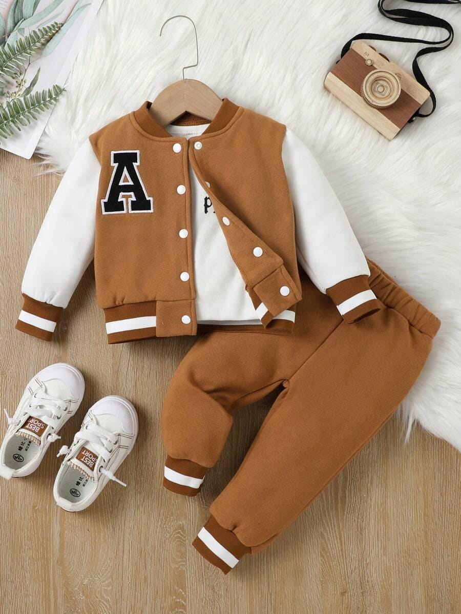 Baby Boy Letter Patch Thermal Bomber Jacket & Sweatpants Set, Casual Spring Fall Boys Tracksuit