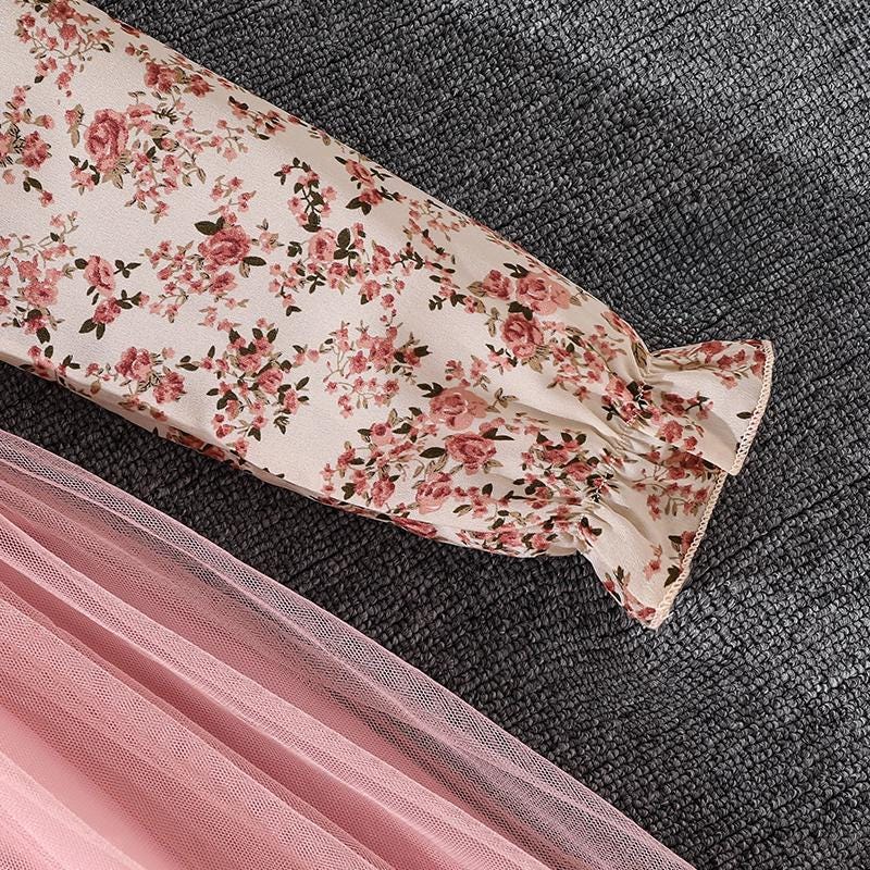 Girls Floral Print Peasant Dress – Pink Mesh Hem Long Sleeve Spring Dress
