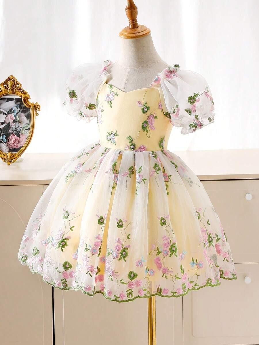 Girls Pink Floral Tulle Flower Girl Dress - Birthday Party Wedding Holiday