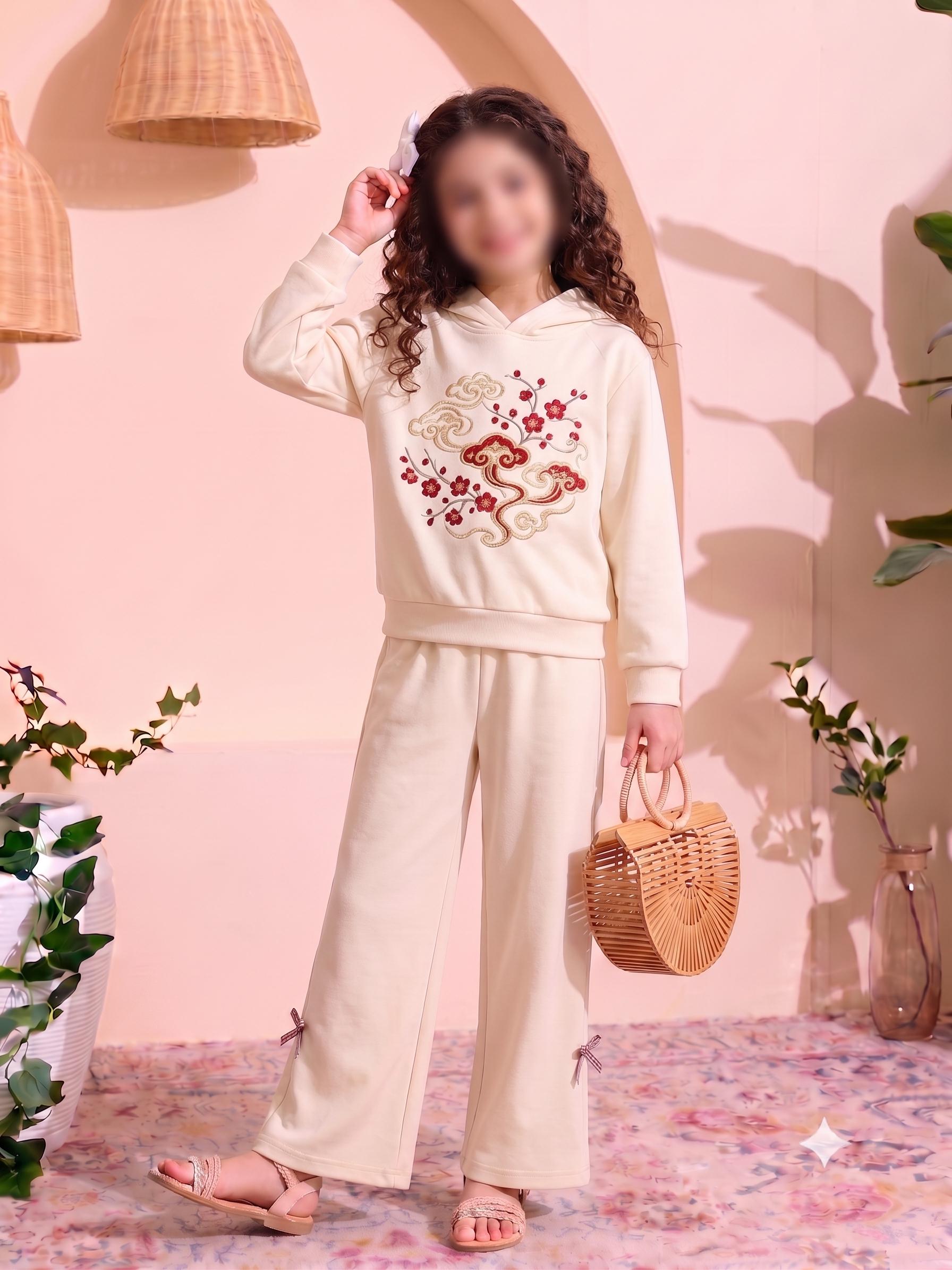 Autumn Girls Embroidered Sweatshirt & Wide Leg Pants 2Pcs Set, Kids Casual Outfit