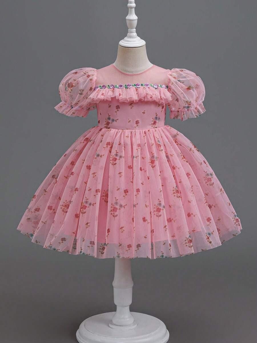 Girls Pink Floral Tulle Flower Girl Dress - Birthday Party Wedding Holiday