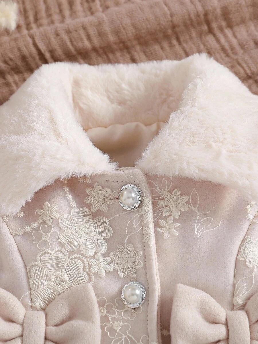 Baby Girl Winter Coat with Furry Collar | 3D Bow Floral Mesh A-Line Coat