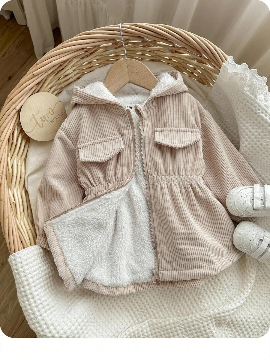 Baby Girl Corduroy Hooded Jacket | Thermal Lined Fall Winter Coat | Toddler Warm Zip-Up Jacket