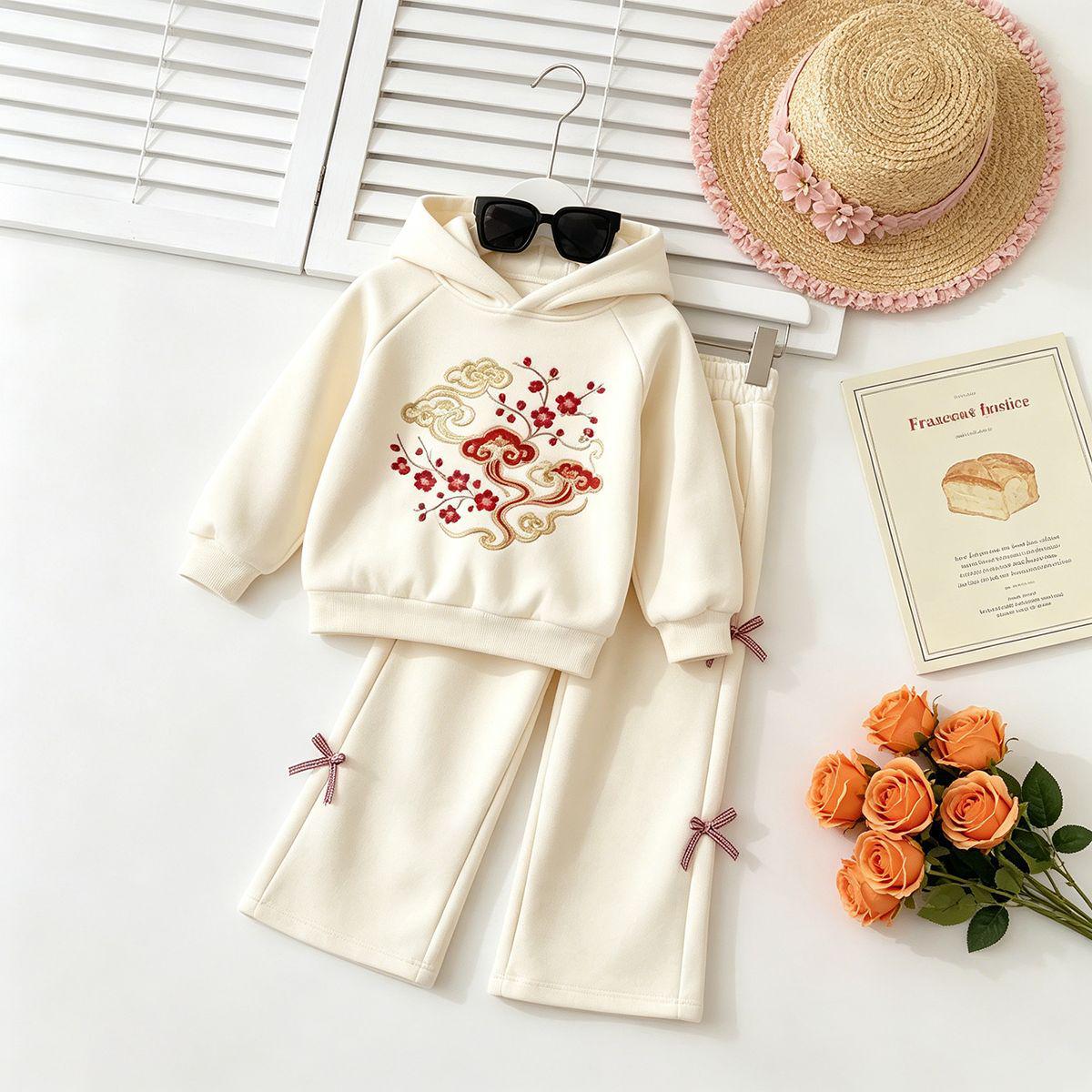 Autumn Girls Embroidered Sweatshirt & Wide Leg Pants 2Pcs Set, Kids Casual Outfit