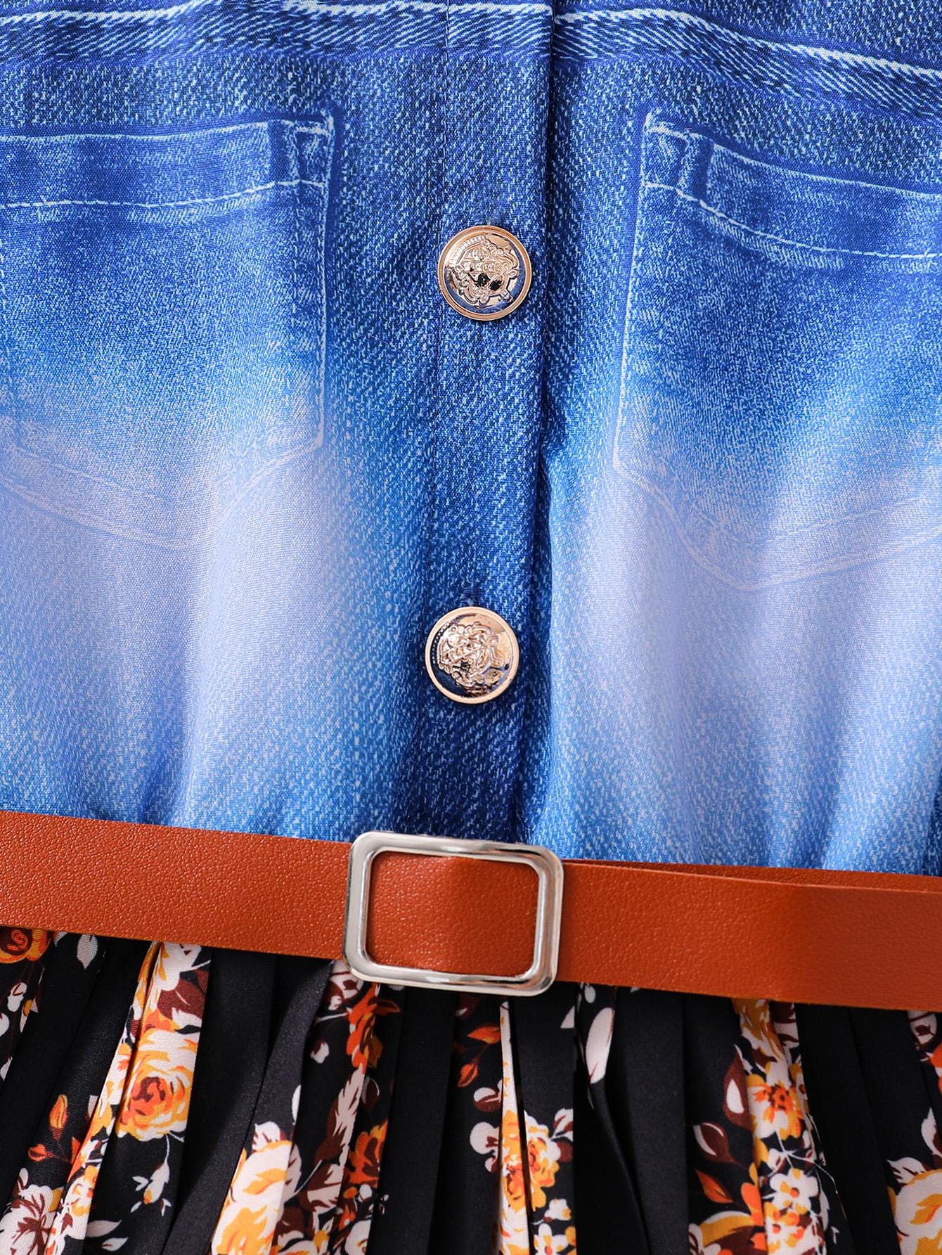 Girls Denim Style Patchwork Dress with Turn-Down Collar – A-Line Knee Length Autumn Dress