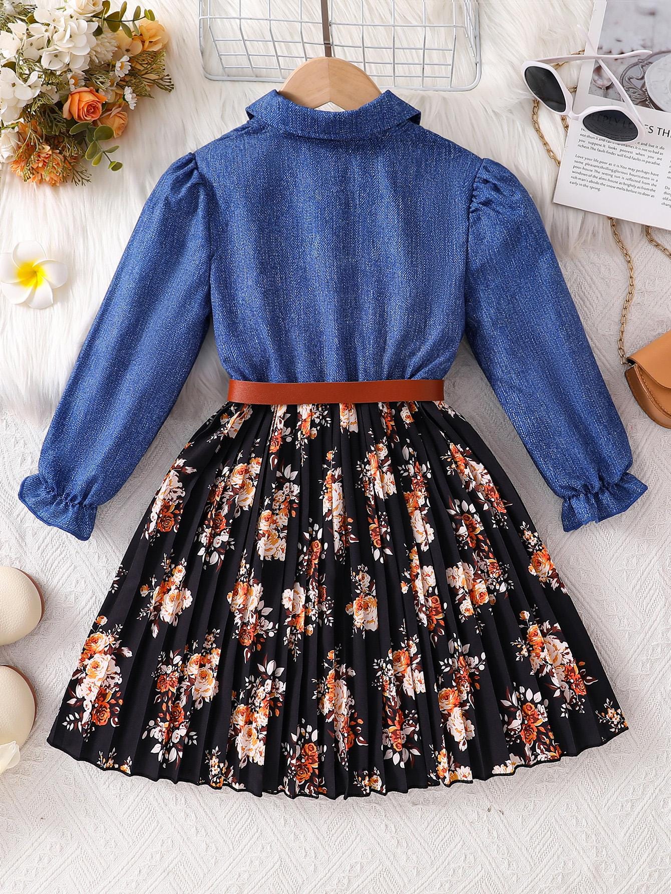 Girls Denim Style Patchwork Dress with Turn-Down Collar – A-Line Knee Length Autumn Dress