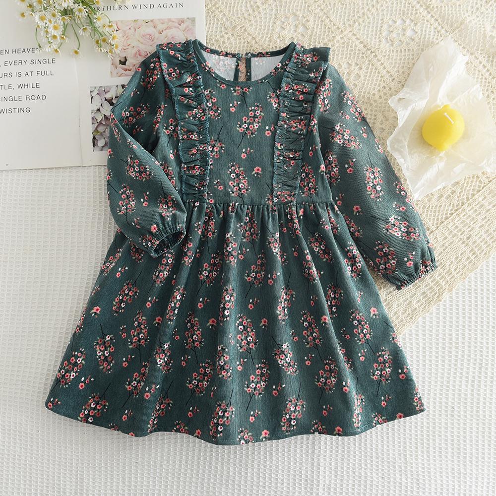Girls Flower Print Dress with Peter Pan Collar – Long Sleeve A-Line Autumn Dress