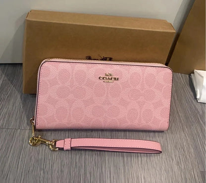 Women’s Pink Zip Around Wallet with Wrist Strap – Long Fashion Purse