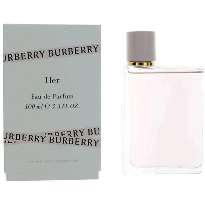 Burberry Her Eau de Parfum 100ml bottle next to its light blue and white packaging box, featuring the iconic Burberry check pattern.