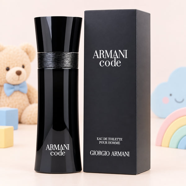 Armani Code Eau de Toilette bottle and packaging box by Giorgio Armani, shown on a pale yellow background with a red SALE overlay in the top-left corner.