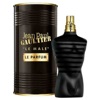 Jean Paul Gaultier Le Male Le Parfum fragrance shown with a black cylindrical box and a black bottle shaped like a male torso, both with gold lettering and trim, on a white background.