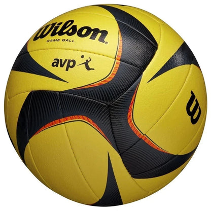 A Wilson AVP game ball with a yellow and black pattern and thin orange accents, shown on a plain white background.